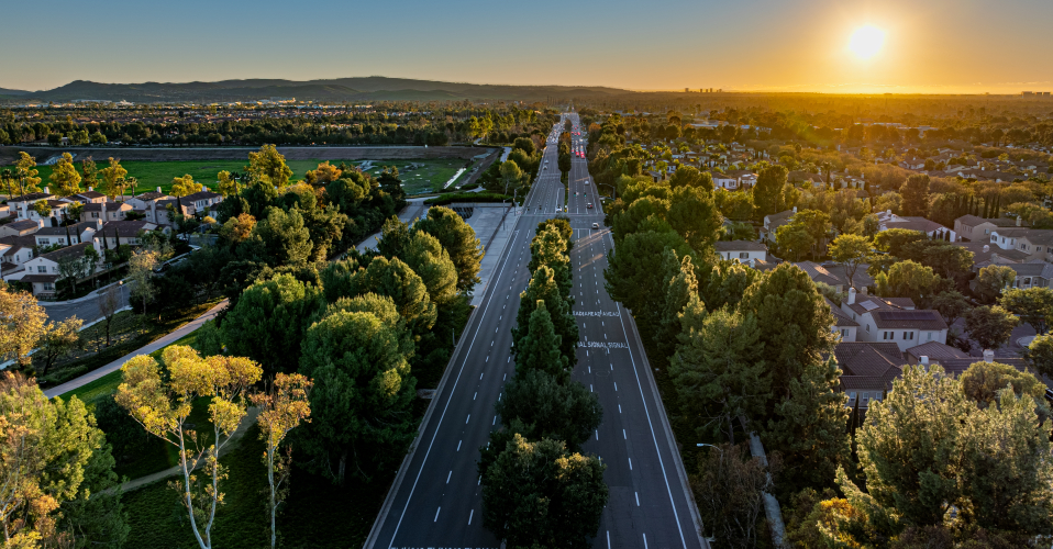 High level view of a two-way street with trees and housing