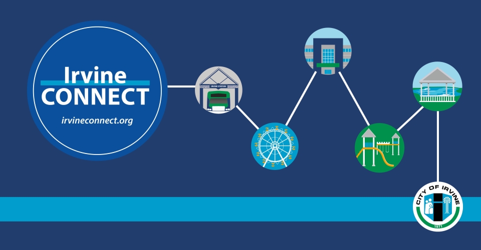Irvine CONNECT logo, circle image of buildings, park, gazebo, and Ferris wheel