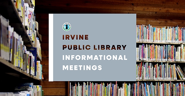 Irvine Public Library Informational Meetings with shelves of books 