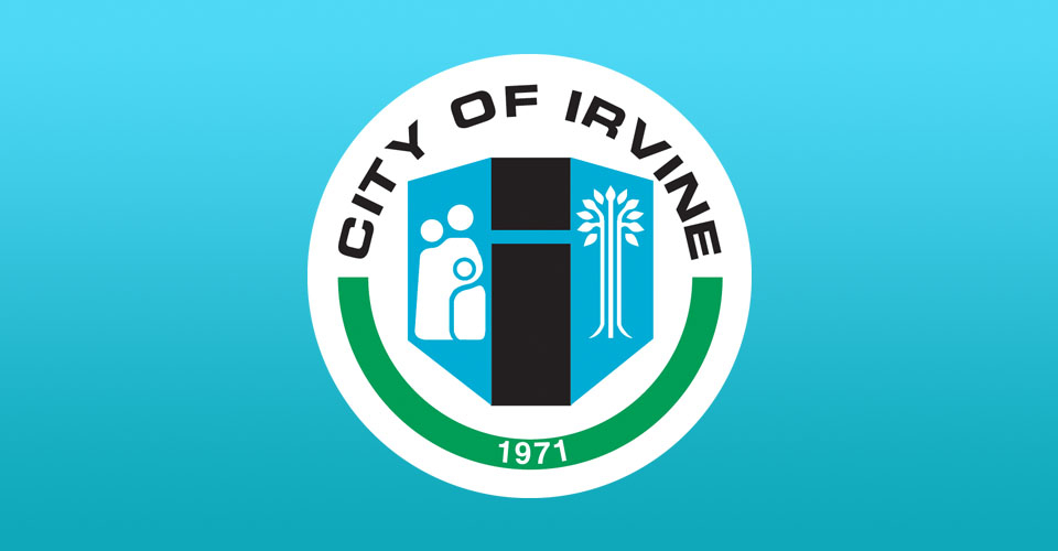 Cityof Irvine logo against an aqua blue background