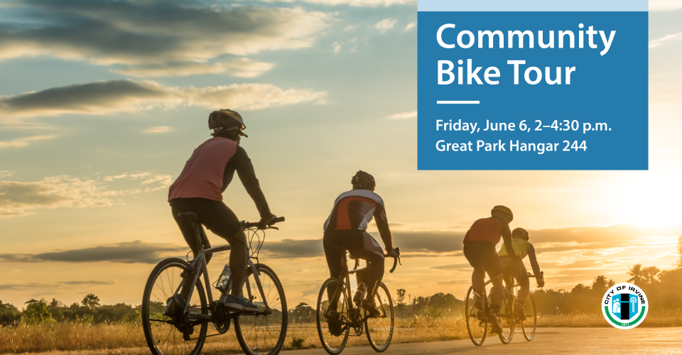 Four cyclists riding on a bike bath as the sun sets. Community Bike Tour Friday, June 6