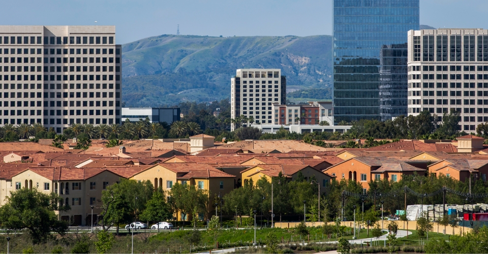 houses and office buildings with mountains in the background
