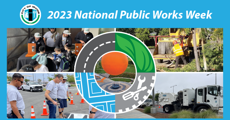 a collage of images of Public Works staff and equipment