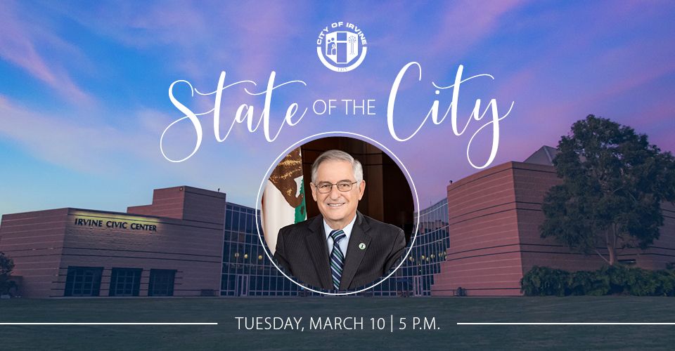 State of the City Image of City Hall at dusk with Mayor Larry Agran's photo