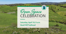 Graphic with open space celebration text; date is April 18, 9 a.m. at Quail Hill Trailhead. Background image is green open space.